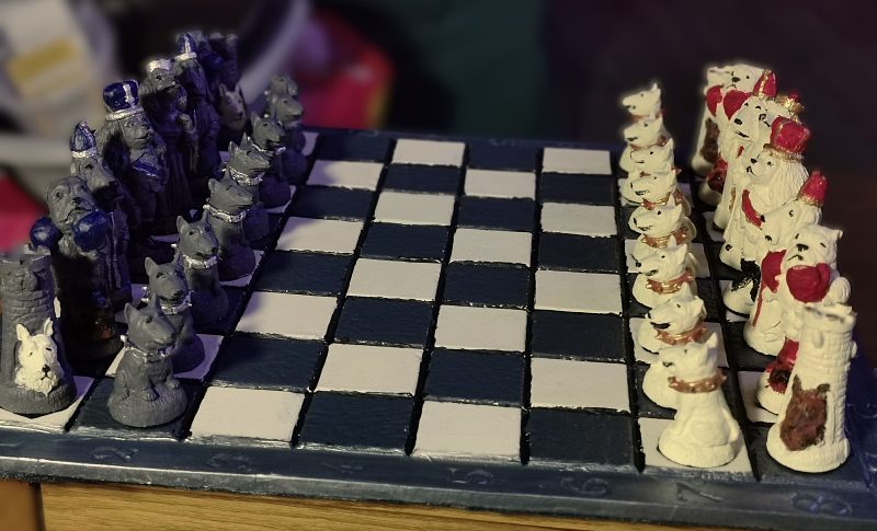 Unique Handmade and Hand Painted Dogs themed Chess set with Matching Stonecast rustic board