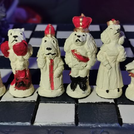 Unique Handmade and Hand Painted Dogs themed Chess set with Matching Stonecast rustic board