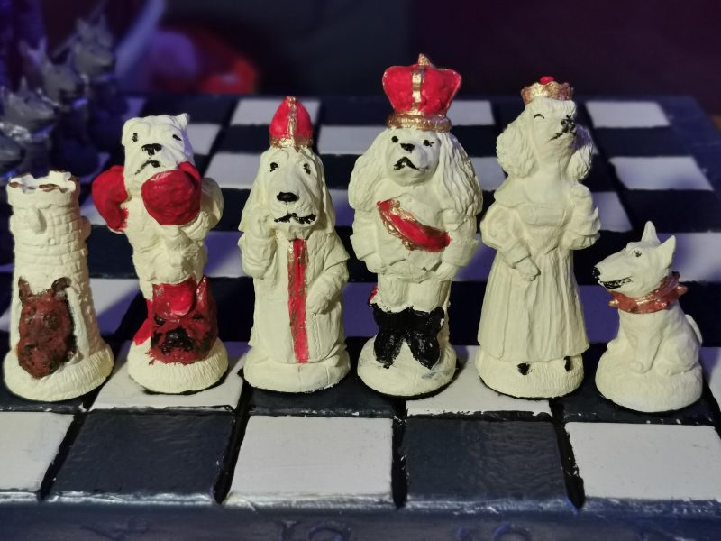 Unique Handmade and Hand Painted Dogs themed Chess set with Matching Stonecast rustic board