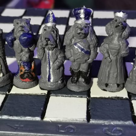Unique Handmade and Hand Painted Dogs themed Chess set with Matching Stonecast rustic board