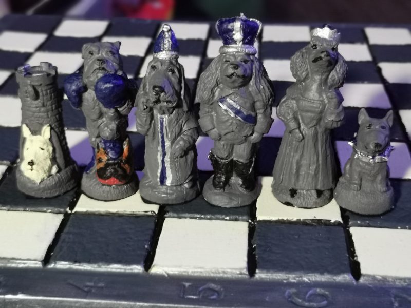 Unique Handmade and Hand Painted Dogs themed Chess set with Matching Stonecast rustic board