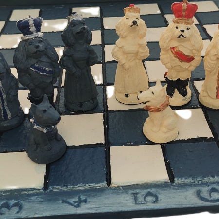 Unique Handmade and Hand Painted Dogs themed Chess set with Matching Stonecast rustic board