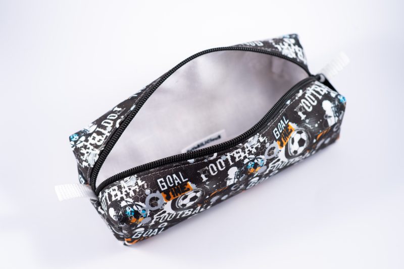 Football themed pencil case, fully lined with webbing zipper tabs.