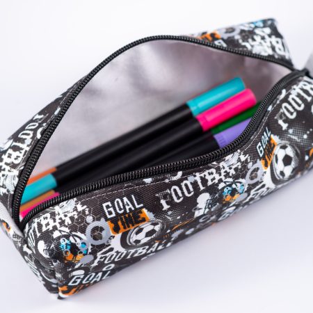 Football themed pencil case, fully lined with webbing zipper tabs.