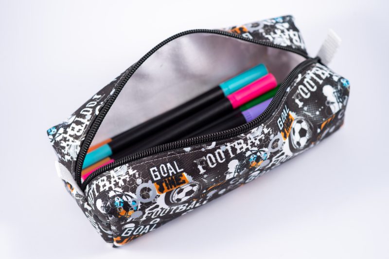 Football themed pencil case, fully lined with webbing zipper tabs.