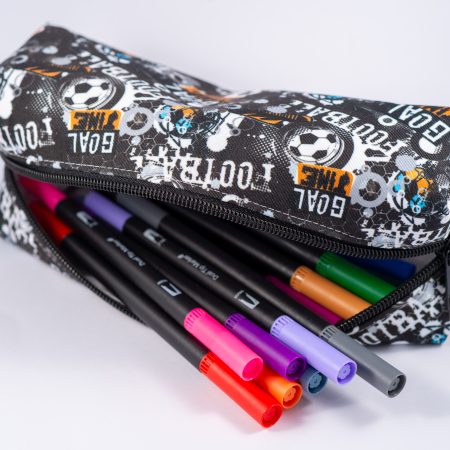 Football themed pencil case, fully lined with webbing zipper tabs.