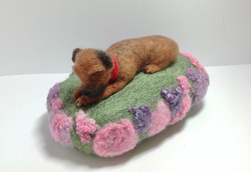 Miniature Needle Felted Border Terrier Sleeping In Summer Heather. Gift Packaged.