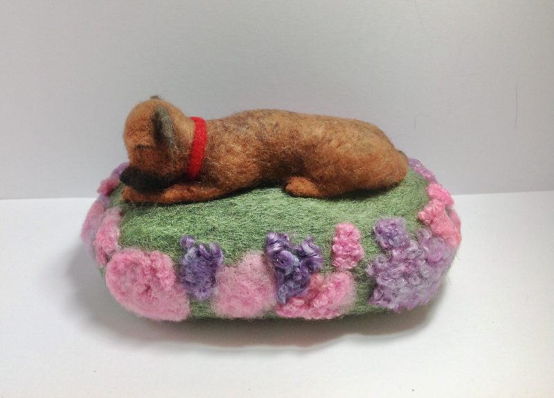 Miniature Needle Felted Border Terrier Sleeping In Summer Heather. Gift Packaged.