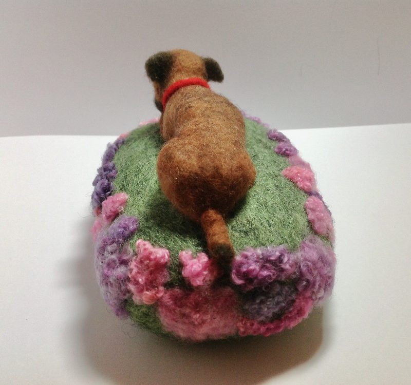 Miniature Needle Felted Border Terrier Sleeping In Summer Heather. Gift Packaged.