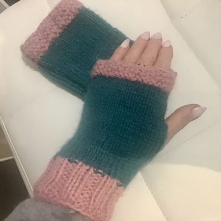 Hand Knitted Alpaca Fingerless Gloves. Pink/Teal