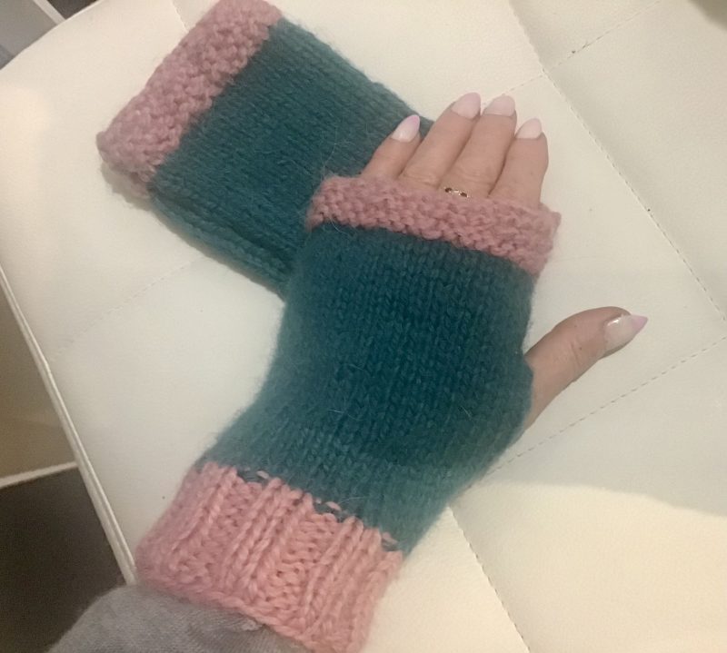 Hand Knitted Alpaca Fingerless Gloves. Pink/Teal