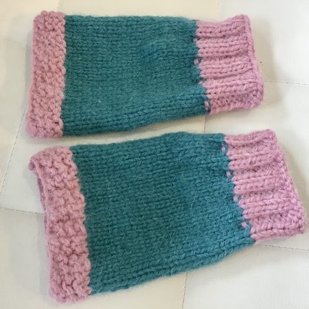 Hand Knitted Alpaca Fingerless Gloves. Pink/Teal