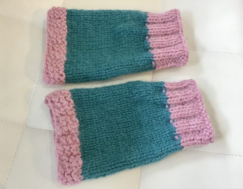 Hand Knitted Alpaca Fingerless Gloves. Pink/Teal