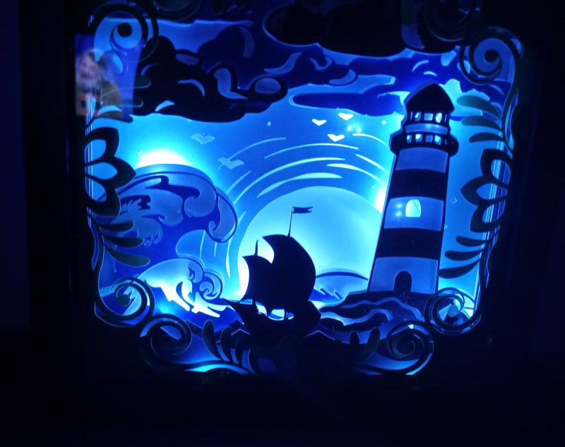 3D Art Night Light, Depicting sea scene with Ship and Lighthouse