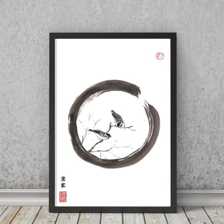 JAPANESE Print | Sparrows ENSO | Sumi-e | Bird Calligraphy decor Print New Home Gift for him her