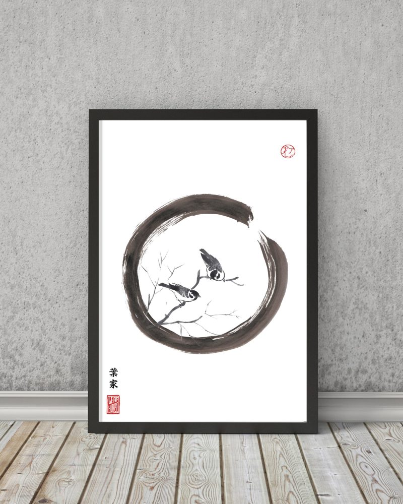JAPANESE Print | Sparrows ENSO | Sumi-e | Bird Calligraphy decor Print New Home Gift for him her