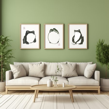 Grumpy Frog Prints | Set of 3 | Japanese Sumi-e Style | Pet Art Home Decor Gift Idea Wall Art Gift