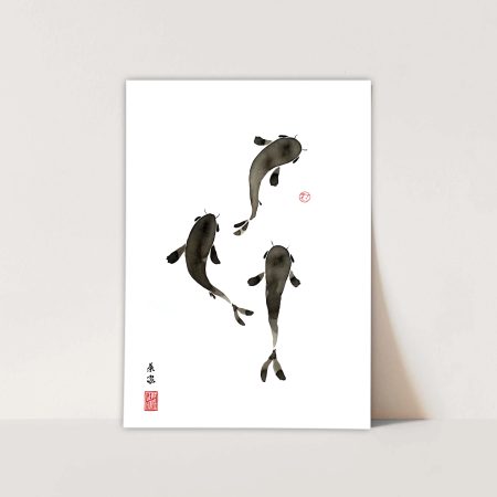 JAPANESE Print | KOI CARP ENSO | Sumi-e | Fish | Calligraphy decor Print New Home Gift for him her