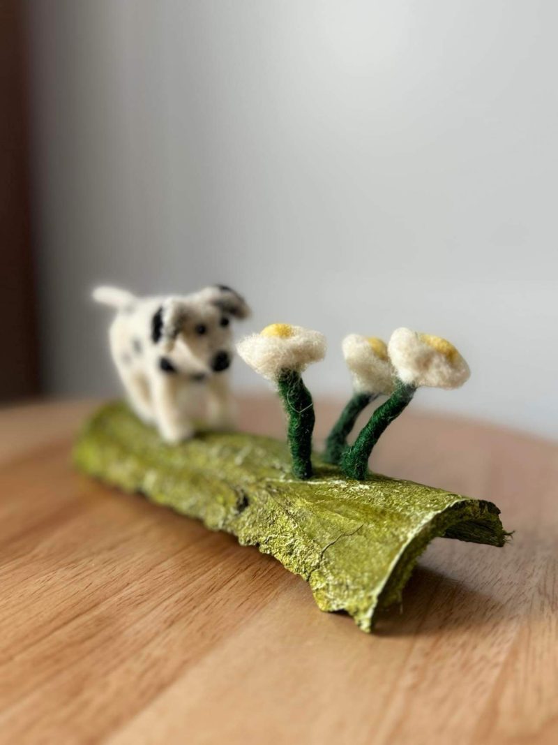 Needle felted Spot and the daisy flowers