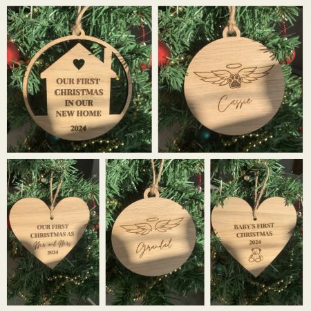 Personalised wooden engraved Christmas baubles | first home | mr & mrs | baby’s first Christmas |