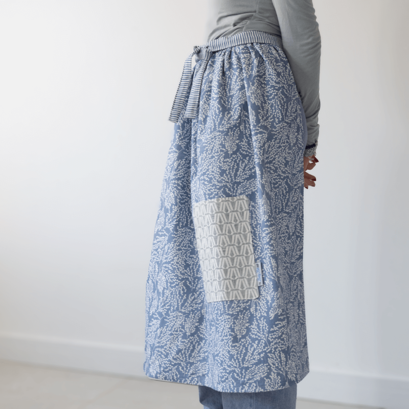 Handmade Blue Floral Apron, Cotton Linen Half Apron with Large Pockets, Vintage Style, Present
