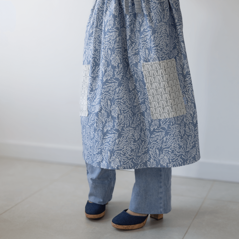 Handmade Blue Floral Apron, Cotton Linen Half Apron with Large Pockets, Vintage Style, Present