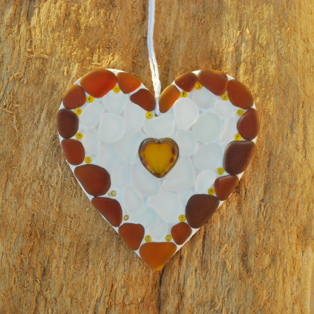 Beach glass mosaic heart in brown and white