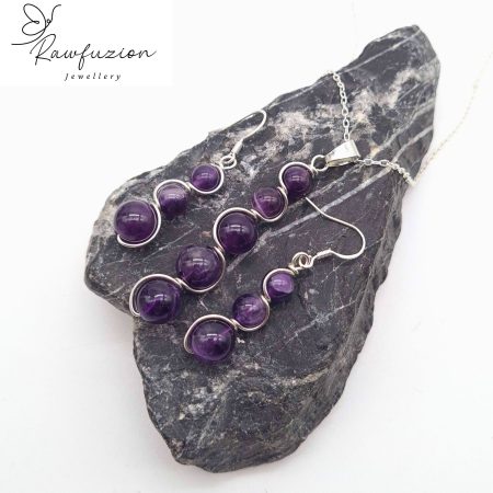 Amethyst Earrings Necklace Set, Silver Purple Jewellery, Amethyst Bead Earrings Necklace
