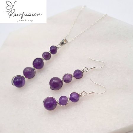 Amethyst Earrings Necklace Set, Silver Purple Jewellery, Amethyst Bead Earrings Necklace