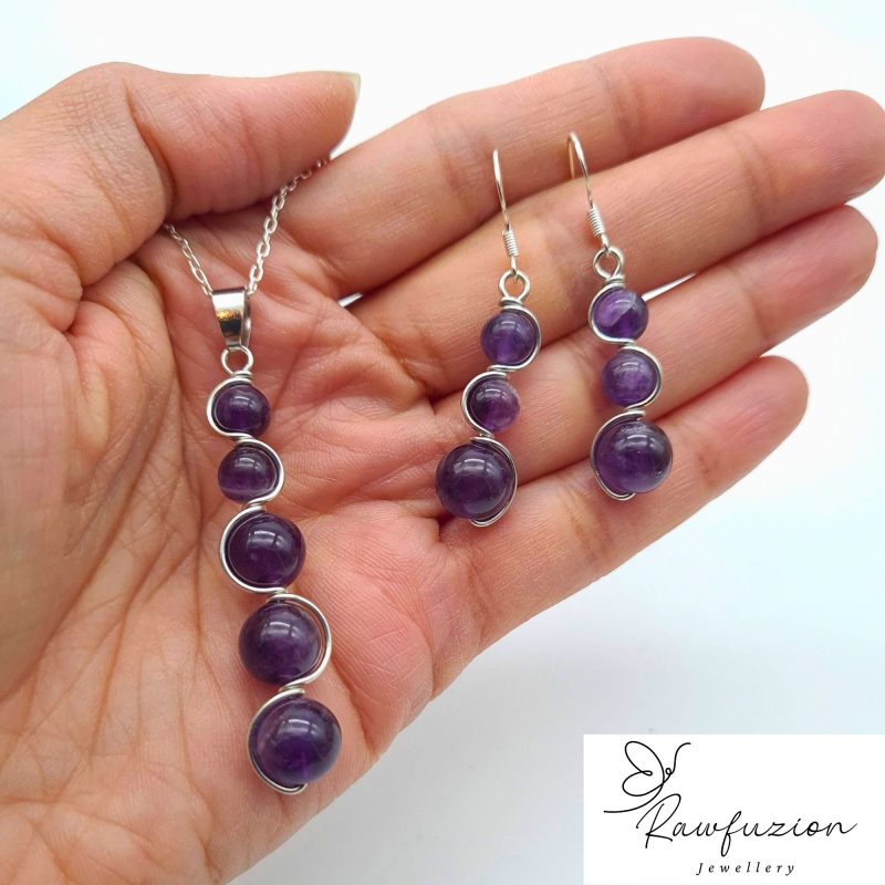 Amethyst Earrings Necklace Set, Silver Purple Jewellery, Amethyst Bead Earrings Necklace