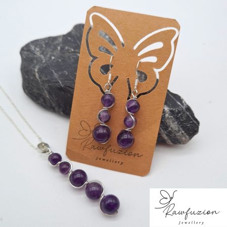 Amethyst Earrings Necklace Set, Silver Purple Jewellery, Amethyst Bead Earrings Necklace