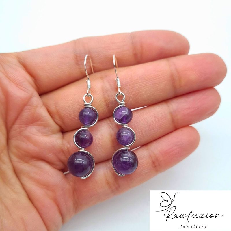Amethyst Earrings Necklace Set, Silver Purple Jewellery, Amethyst Bead Earrings Necklace