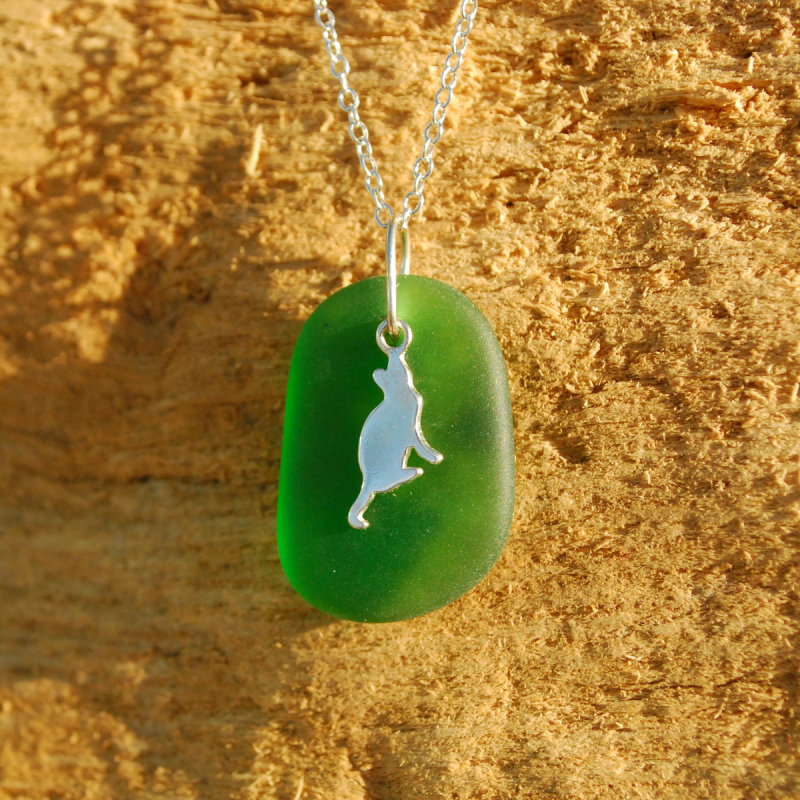 Cat charm pendant with green beach glass