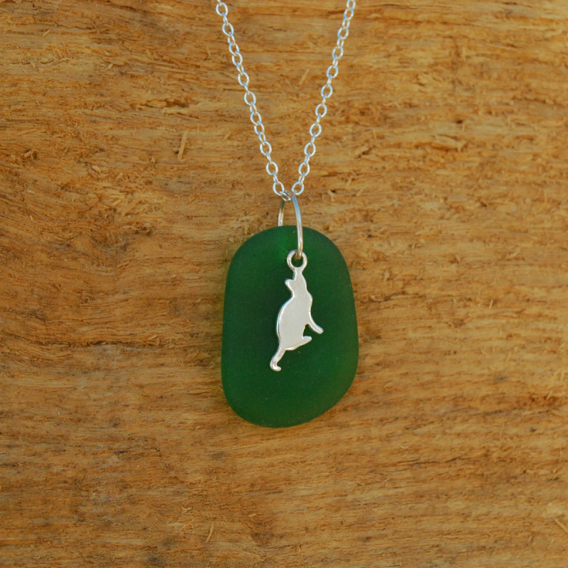 Cat charm pendant with green beach glass