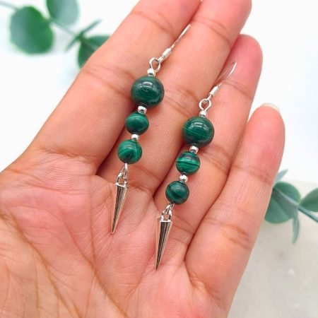 Genuine Malachite Earrings, Silver Wire Wrapped, Dangle Earrings Silver, Green Bead Gift, Anniversar
