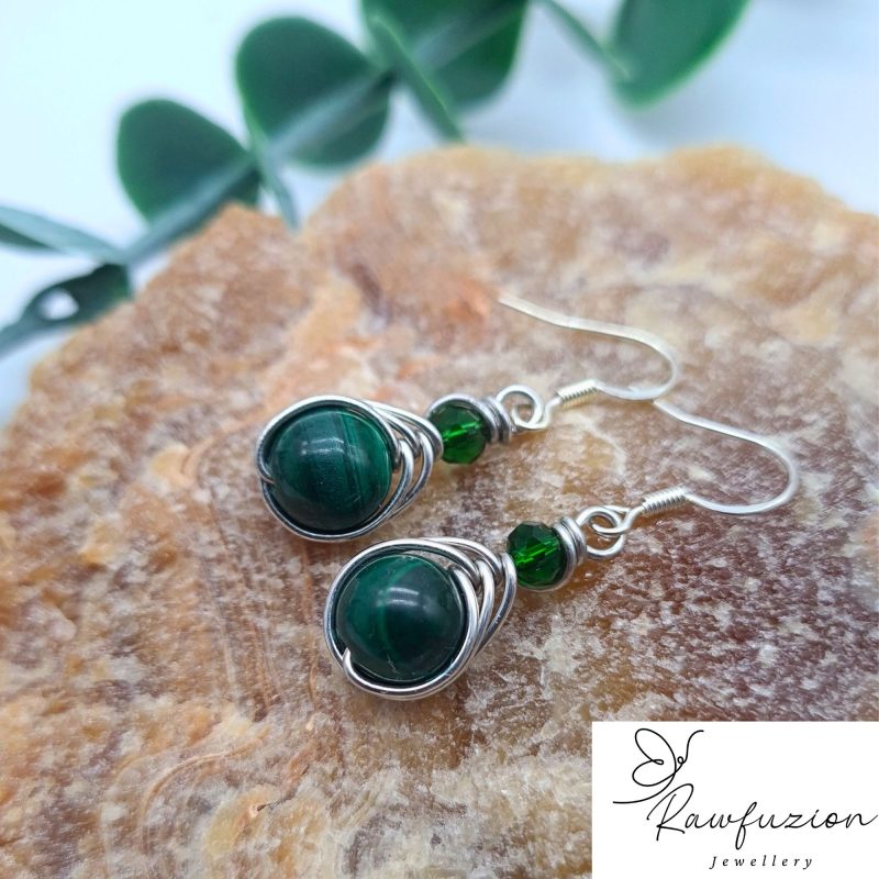 Genuine Malachite Earrings, Silver Wire Wrapped, Malachite Long Dangle Earrings Green Bead