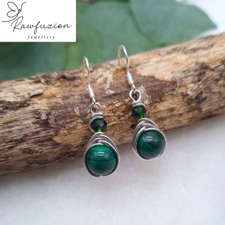 Genuine Malachite Earrings, Silver Wire Wrapped, Malachite Long Dangle Earrings Green Bead