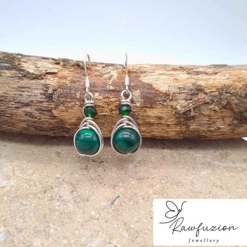 Genuine Malachite Earrings, Silver Wire Wrapped, Malachite Long Dangle Earrings Green Bead