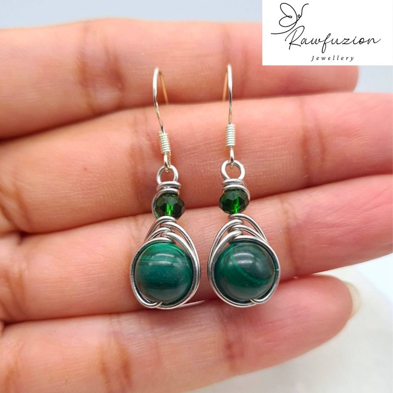 Genuine Malachite Earrings, Silver Wire Wrapped, Malachite Long Dangle Earrings Green Bead