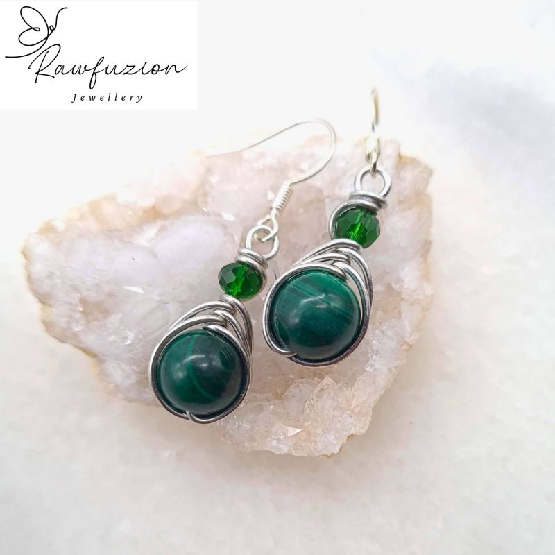 Genuine Malachite Earrings, Silver Wire Wrapped, Malachite Long Dangle Earrings Green Bead