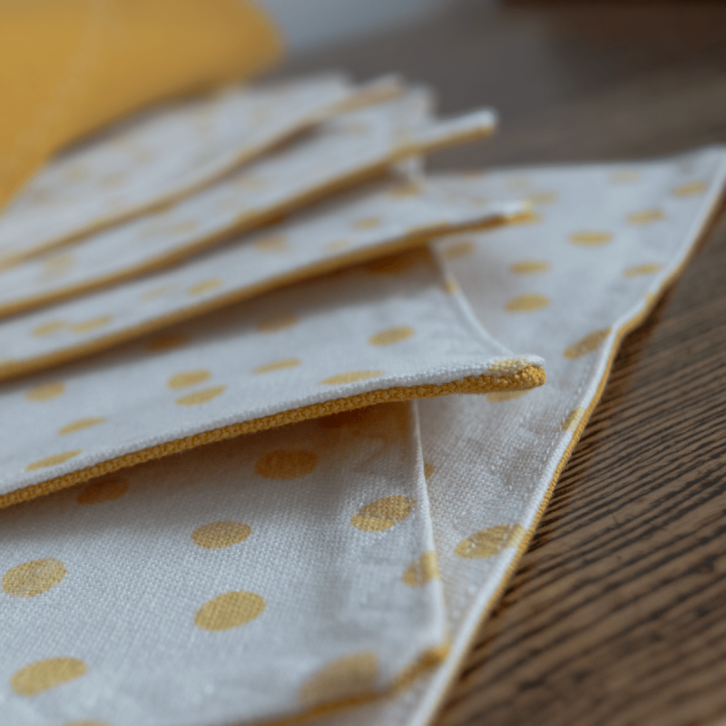 6 Handmade linen-cotton Placemat, Double Fabric, Washable, Yellow-mustard & Off-White Polka Dots