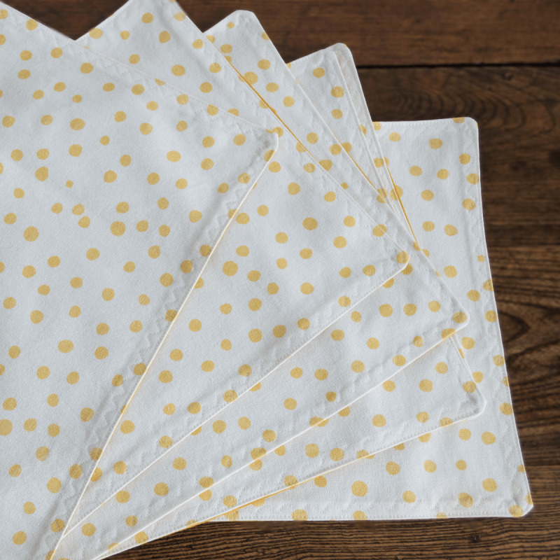 6 Handmade linen-cotton Placemat, Double Fabric, Washable, Yellow-mustard & Off-White Polka Dots