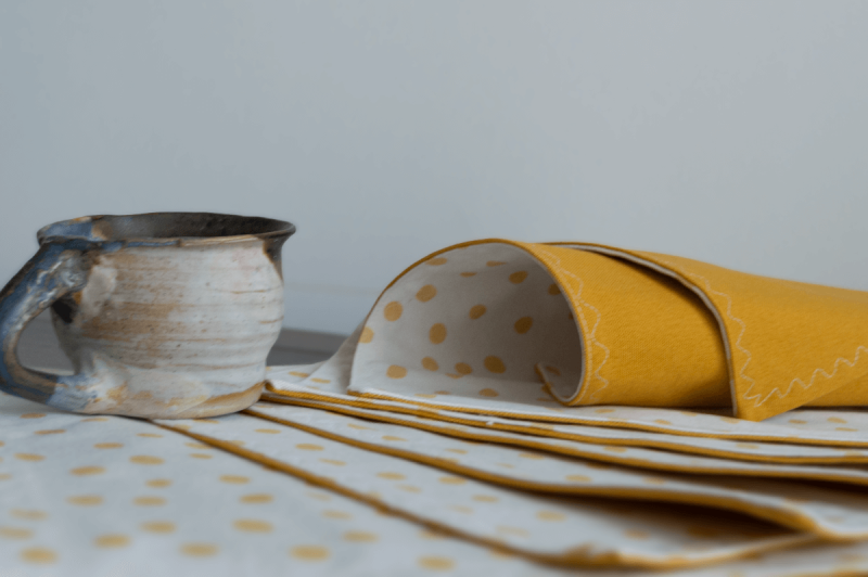 6 Handmade linen-cotton Placemat, Double Fabric, Washable, Yellow-mustard & Off-White Polka Dots