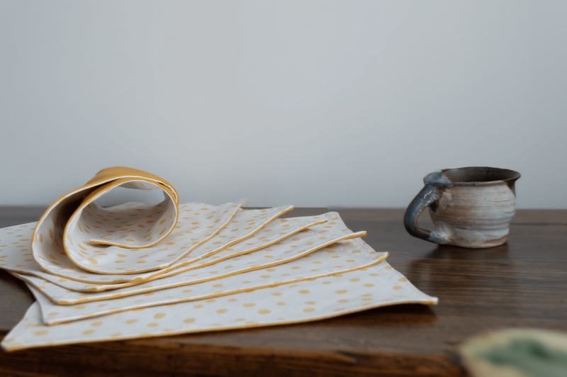 6 Handmade linen-cotton Placemat, Double Fabric, Washable, Yellow-mustard & Off-White Polka Dots