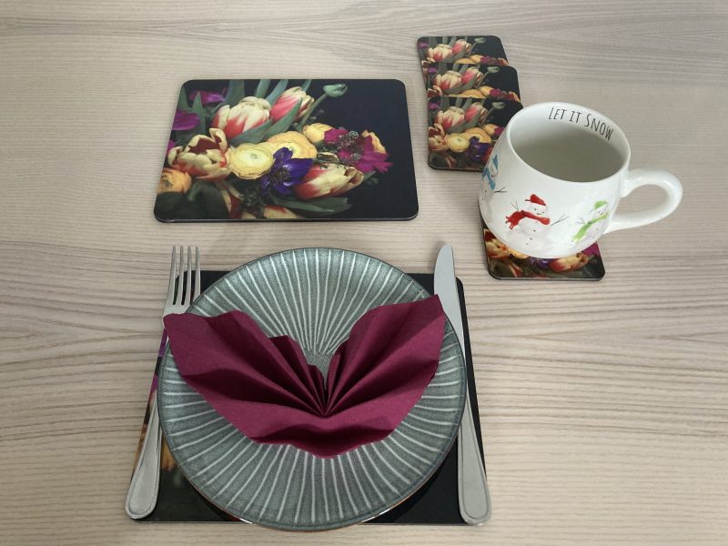 Floral Wooden Photo Coasters And Placemats Gift Set | 4 Coasters And 2 Placemats