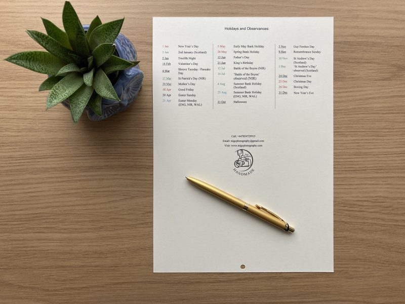 Handmade Large Wall Calendar With Flowers A3 Size Year At Glance