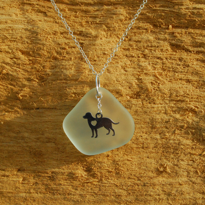 Beach glass pendant with dog charm