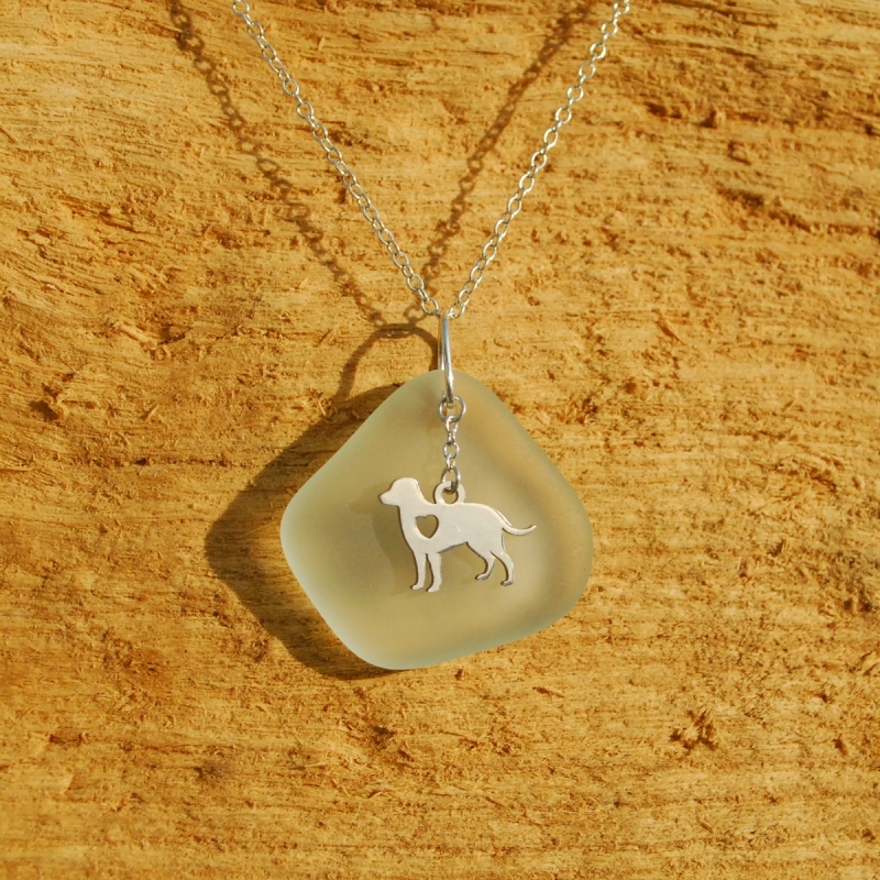 Beach glass pendant with dog charm