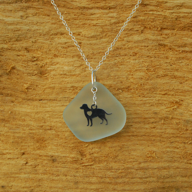 Beach glass pendant with dog charm