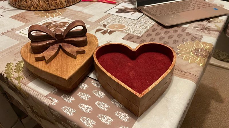 Handcrafted Wooden Heart-Shaped Box with Bow – Perfect for Jewelry or Special Gifts